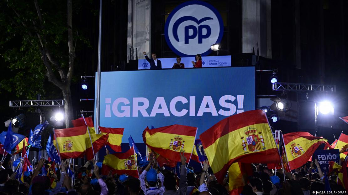 Popular Party supporters wave Spanish flags at a rally following regional elections