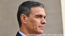 Spanish Prime Minister Pedro Sanchez stands at attention during a welcoming ceremony on April 5, 2023 upon his arrival for a meeting with his Italian counterpart at Palazzo Chigi in Rome. (Photo by Andreas SOLARO / AFP) (Photo by ANDREAS SOLARO/AFP via Getty Images)