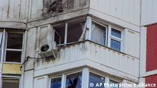 30/05/2023 *** This photo shows a part of an apartment building which was reportedly damaged by Ukrainian drone in Moscow, Russia, Tuesday, May 30, 2023. In Moscow, residents reported hearing explosions and Mayor Sergei Sobyanin later confirmed there had been a drone attack that he said caused insignificant damage. (AP Photo)