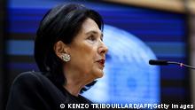Georgia's President Salome Zourabichvili speaks during a plenary session at the EU Parliament in Brussels on May 31, 2023. (Photo by Kenzo TRIBOUILLARD / AFP) (Photo by KENZO TRIBOUILLARD/AFP via Getty Images)