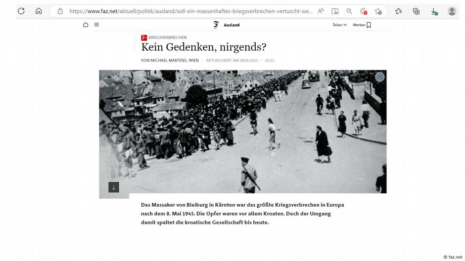 Tekst Mihaela Martensa o Blajburgu objavljen je u „Frankfurter algemajne cajtungu“ 28. maja 2023.