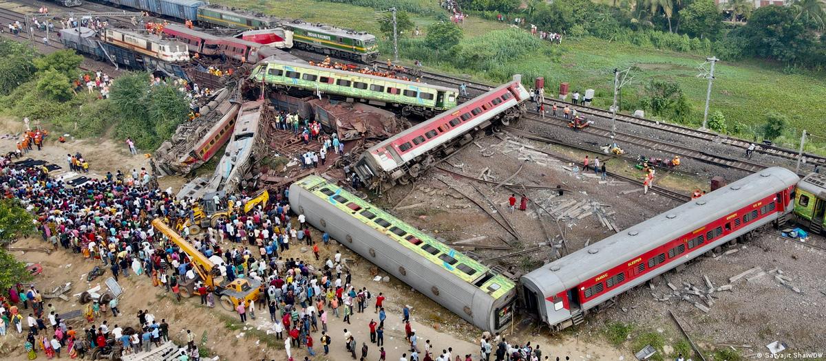 A wide shot of the three-train accident in Odisha, India on June 3, 2023