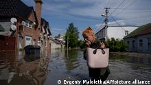 A local resident makes her way through a flooded road after the walls of the Kakhovka dam collapsed overnight, in Kherson, Ukraine, Tuesday, Jun 6, 2023. Ukraine on Tuesday accused Russian forces of blowing up a major dam and hydroelectric power station in a part of southern Ukraine that Russia controls, risking environmental disaster. (AP Photo/Evgeniy Maloletka)