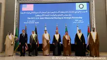 U.S. Secretary of State Antony Blinken poses for a family photo as he meets with GCC Ministers at the GCC Secretariat in Riyadh, Saudi Arabia, Wednesday, June 7, 2023. (Ahmed Yosri/Pool via AP)