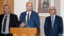 Morocco's Parliament Speaker Rachid Talbi Alami (R) listens to a speech by Israel's Knesset Speaker Amir Ohana (C) in Rabat on June 8, 2023. (Photo by AFP)