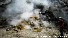 07/07/2017**INGV (Italy's National Institute for Geophysics and Vulcanology) researchers make monthly measurements near the Bocca Grande in Pozzuoli, Italy on July 09, 2017. The Solfatara of Pozzuoli is one of the most interesting volcano of Campi Flegrei, an area north of Naples made up of about 40 ancient volcanoes.(Photo by Giuseppe Ciccia/NurPhoto)