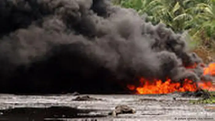 A burning oil pipeline in the Niger Delta