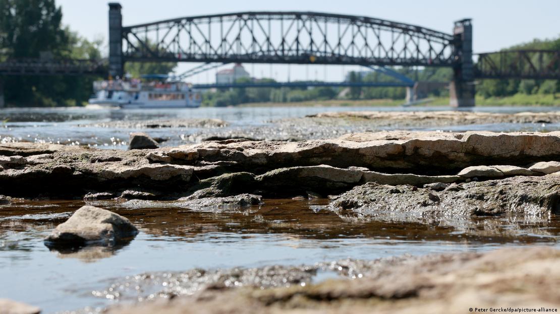 Elbe Nehri'ndeki su seviyesinin düştüğünü gösteren bir fotoğraf
