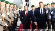 (230618) -- BERLIN, June 18, 2023 (Xinhua) -- Chinese Premier Li Qiang arrives at the Berlin Brandenburg Airport in Berlin, Germany, on June 18, 2023. At the invitation of German Chancellor Olaf Scholz, Li came to Germany for the seventh China-Germany inter-governmental consultation and an official visit. Honor guards flanked the red carpet, and representatives of the German government waited at the airport to welcome him. (Xinhua/Huang Jingwen/)