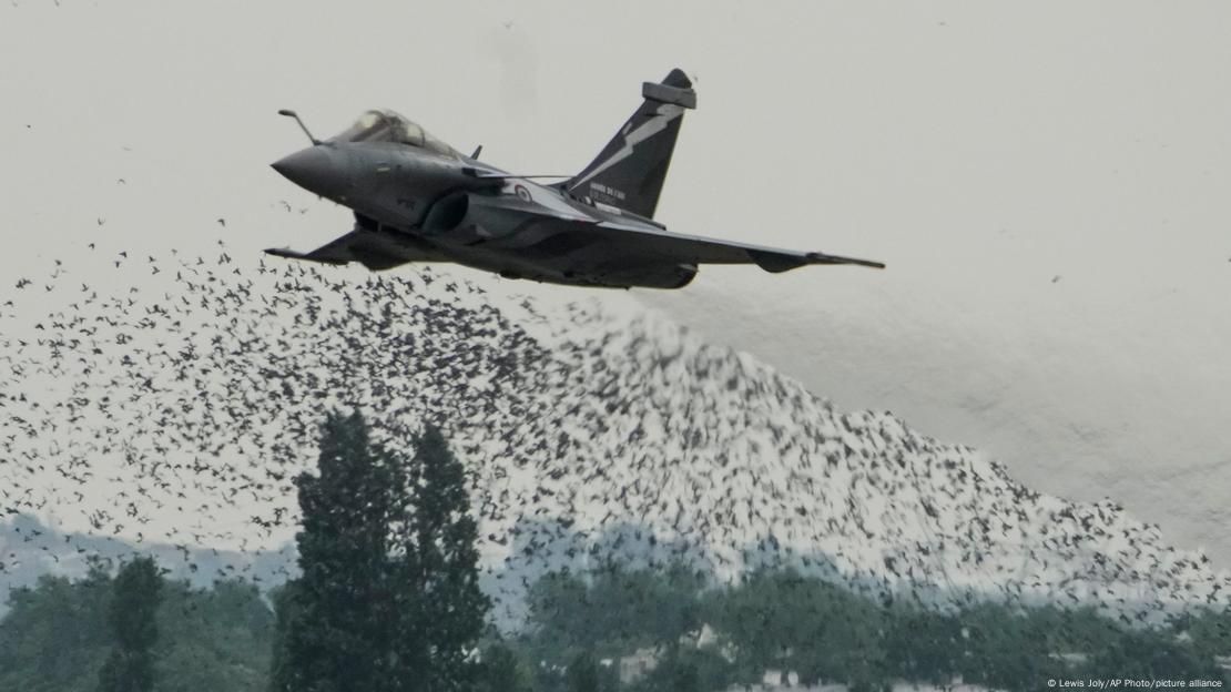 A Rafale jet performs a demonstration flight in Paris