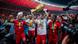 Cheering RB Leipzig players with trophy in front of fans Cheering RB Leipzig players with trophy in front of fans