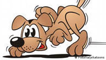 Ein Cartoon: Ein Hund mit erhobenem Schwanz schnüffelt am Boden