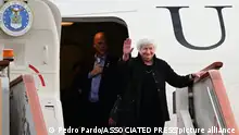 Treasury Secretary Janet Yellen arrives at Beijing Capital International Airport in Beijing, China, Thursday, July 6, 2023. (Pedro Pardo/Pool Photo via AP)