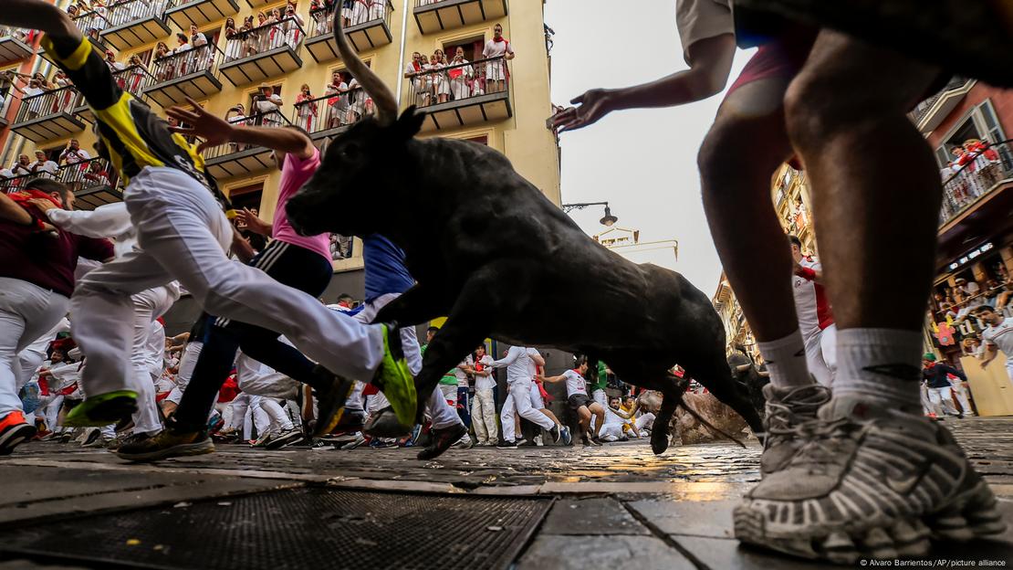 Un toro fotografiado prácticamente desde el suelo con la gente corriendo delante de él.