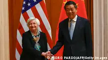 US Treasury Secretary Janet Yellen (L) shakes hands with Chinese Vice Premier He Lifeng during a meeting at the Diaoyutai State Guesthouse in Beijing on July 8, 2023. (Photo by Pedro PARDO and Pedro Pardo / POOL / AFP) (Photo by PEDRO PARDO/POOL/AFP via Getty Images)