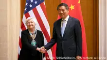 Treasury Secretary Janet Yellen, left, shakes hands with Chinese Vice Premier He Lifeng during a meeting at the Diaoyutai State Guesthouse in Beijing, China, Saturday, July 8, 2023. (AP Photo/Mark Schiefelbein, Pool)