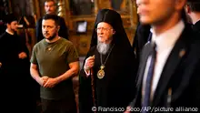 Ukrainian President Volodymyr Zelenskyy, left, stands next to Ecumenical Patriarch Bartholomew I, the spiritual leader of the world's Orthodox Christians, at the Patriarchal Church of St. George in Istanbul, Turkey, Saturday, July 8, 2023. Zelenskyy attended a memorial ceremony for the victims of the war in Ukraine led by Patriarch Bartholomew I. (AP Photo/Francisco Seco)