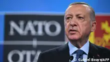 Madrid, on June 30, 2022
Turkey's President Recep Tayyip Erdogan addresses media representatives during a press conference at the NATO summit at the Ifema congress centre in Madrid, on June 30, 2022. (Photo by GABRIEL BOUYS / AFP)