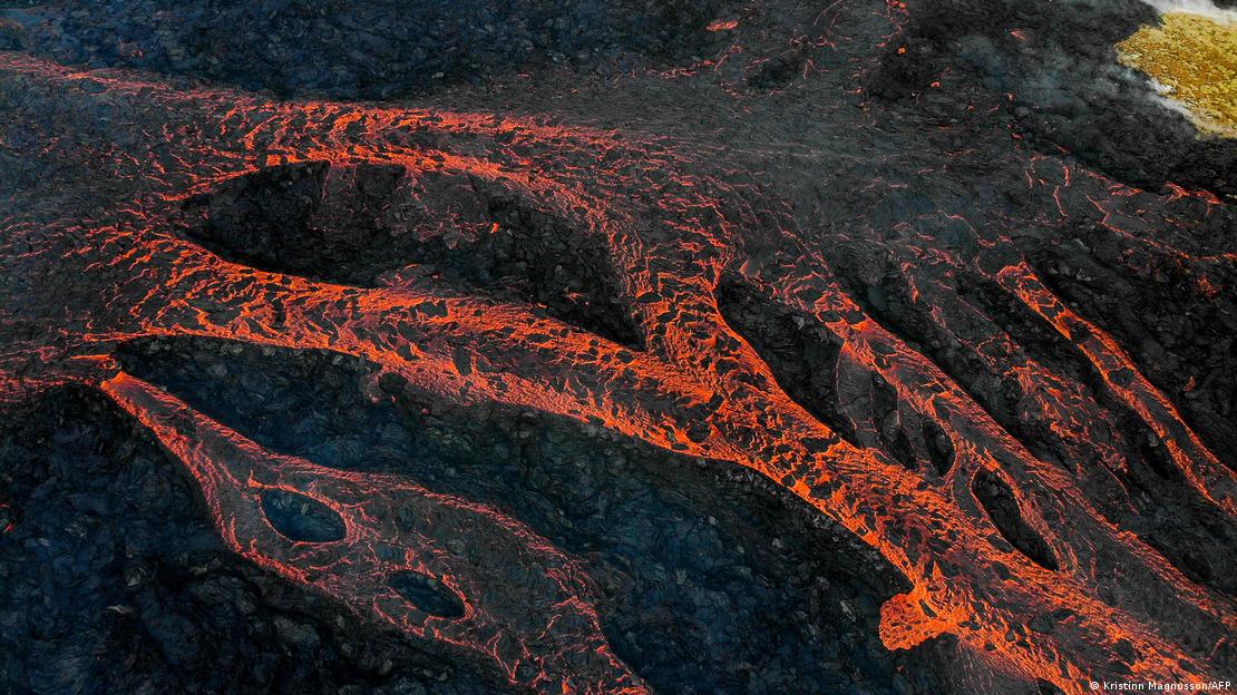 An aerial photograph shows flowing lava during n volcanic eruption near Litli Hrutur, southwest of Reykjavik in Iceland.