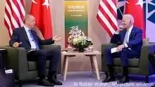 President Joe Biden and Turkey's President Recep Tayyip Erdogan meet on the sidelines of the NATO summit in Vilnius, Lithuania, Tuesday, July 11, 2023. (AP Photo/Susan Walsh)