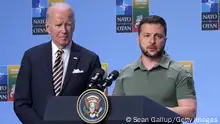 12.07.2023
VILNIUS, LITHUANIA - JULY 12: Ukrainian President Volodomyr Zelensky (R) speaks at the announcement of the G7 nations' joint declaration for the support of Ukraine as U.S. President Joe Biden looks on on July 12, 2023 in Vilnius, Lithuania. The event took place at the 2023 NATO Summit. (Photo by Sean Gallup/Getty Images)