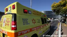 A picture shows the an ambulance outside the emergency entrance to the Sheba Medical Centre in Israel's Ramat Gan city on July 15, 2023, after Prime Minister Benjamin Netanyahu was hospitalised. Netanyahu was hospitalised on Saturday, his office said, adding that the politically and legally beleaguered 73-year-old was in good condition. (Photo by AHMAD GHARABLI / AFP)