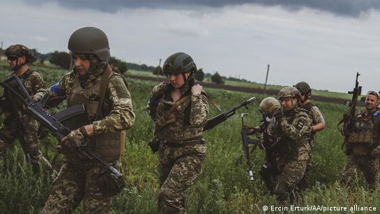 Seven soldiers, some female, some male, in camouflage fatigues and helmets and carrying rifles, are crossing a field.
