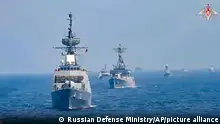 18/03/2023 In this handout photo taken from video and released by Russian Defense Ministry Press Service on Saturday, March 18, 2023, warships are seen during Russia, China and Iran joint naval exercise in the Arabian Sea. Russia, China and Iran finished joint naval exercise in Arabian Sea, the Russian military reported Saturday. According to the Defense Ministry, the navy practiced joint tactical maneuvering, carried out artillery firing as well as releasing a captured ship with hostages and providing assistance to a ship in distress at sea. (Russian Defense Ministry Press Service via AP)