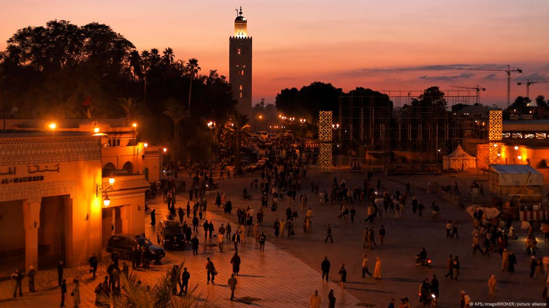 Sun goes down on Jemaa el-Fna, Marrakech.