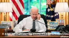 May 12, 2021 - Washington, District of Columbia, U.S. - President Joe Biden speaks on the phone with Israeli Prime Minister Benjamin Netanyahu on Wednesday, May 12, 2021, in the Oval Office of the White House. (Credit Image: © Adam Schultz/White House/ZUMA Wire/ZUMAPRESS.com