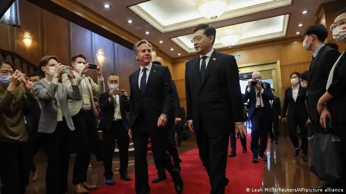 了解美国的对华外交政策似乎是黑客的目的之一，图为6月18日美国国务卿布林肯访华期间与中国外长秦刚会晤。