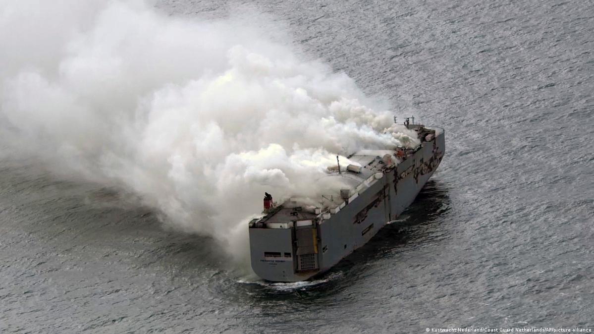 Smoke eminates from the Fremantle Highway cargo ship off the Dutch coast.
