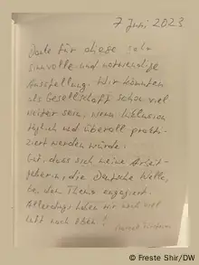 This is a guestbook entry by Marcel Fürstenau about the Innoklusio exhibition with the following text: Thank you for this very useful and necessary exhibition. We could be much further as a society if inclusion was practiced every day and everywhere.