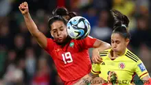 Soccer Football - FIFA Women’s World Cup Australia and New Zealand 2023 - Group H - Morocco v Colombia - Perth Rectangular Stadium, Perth, Australia - August 3, 2023
Morocco's Sakina Ouzraoui in action with Colombia's Marcela Restrepo REUTERS/Luisa Gonzalez