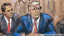 Former U.S. President Donald Trump sits next to his attorney Todd Blanche as he faces charges before Magistrate Judge Moxila A. Upadhyaya that he orchestrated a plot to try to overturn his 2020 election loss, at federal court in Washington, U.S. August 3, 2023 in a courtroom sketch. REUTERS/Jane Rosenberg
TPX IMAGES OF THE DAY 
