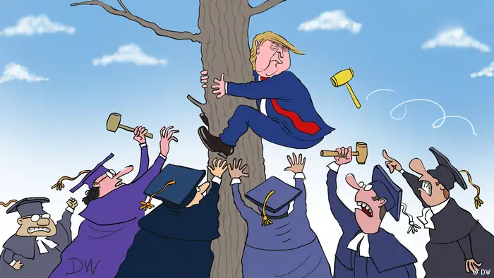 Трамп взбирается на дерево, его преследуют люди в судейских мантиях 