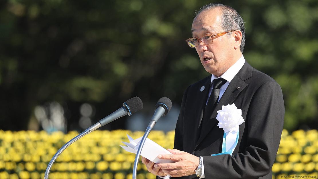 Hiroshima Mayor Kazumi while delivering a speech