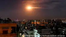 (190121) -- DAMASCUS, Jan. 21, 2019 (Xinhua) -- Syria's air defense missile, responding to a missile strike, is seen in the sky over Damascus, capital of Syria, on Jan.21, 2019. The Syrian air defenses responded to heavy Israeli strikes early Monday, destroying most of the missiles before they reached their targets, the Syrian state TV reported. (Xinhua/Ammar Safarjalani)