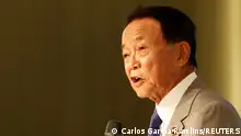 Japan's Former Prime Minister and current Vice-President of the ruling Liberal Democratic Party, Taro Aso, speaks during the Ketagalan Forum in Taipei, Taiwan August 8, 2023. REUTERS/Carlos Garcia Rawlins