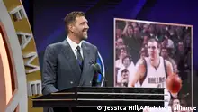 Dirk Nowitzki speaks during his enshrinement at the Basketball Hall of Fame, Saturday, Aug. 12, 2023, in Springfield, Mass. (AP Photo/Jessica Hill)