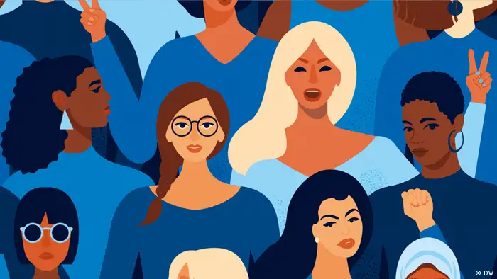 An image of several drawn women in front of a blue background