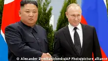 FILE - Russian President Vladimir Putin, right, and North Korea's leader Kim Jong Un shake hands during their meeting in Vladivostok, Russia, April 25, 2019. North Korea says it has not exported any weapons to Russia during the war in Ukraine and has no plans to do so, and said U.S. intelligence reports of weapons transfers were an attempt to tarnish North Korea's image. (AP Photo/Alexander Zemlianichenko, Pool, File)