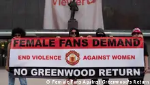 11.08.2023
Female Manchester United fans protest against the potential return of striker Mason Greenwood outside Old Trafford stadium, Manchester.
Copyright: x.com/@FFAGR2023