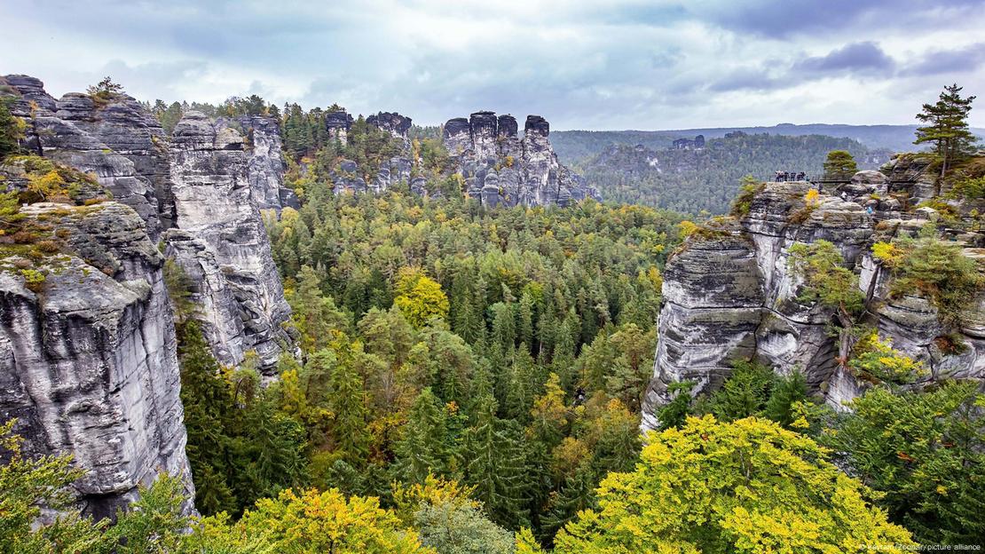 Man sieht eine eindrucksvolle mit Bäumen und Sträuchern bewachsene Felslandschaft. 