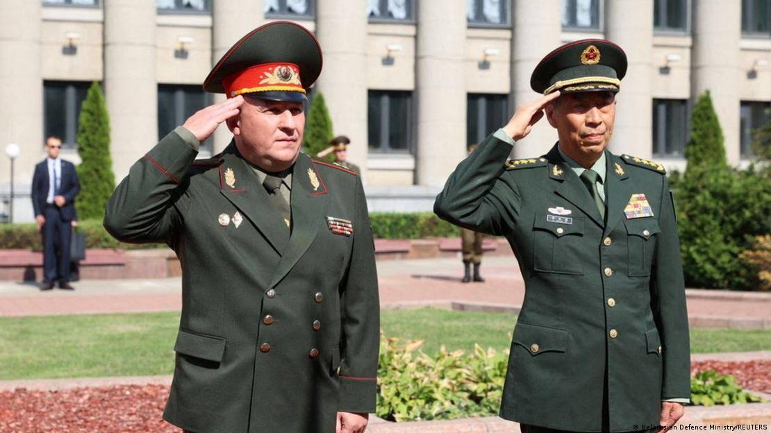 Chinese Defense Minister Li Shangfu (right) visits Belarus and meets with Belarusian Defense Minister Viktor Khrenin (left)
