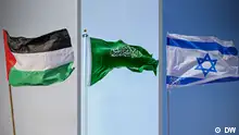 Kombobild FLaggen Palästina Saudi Arabien Israel