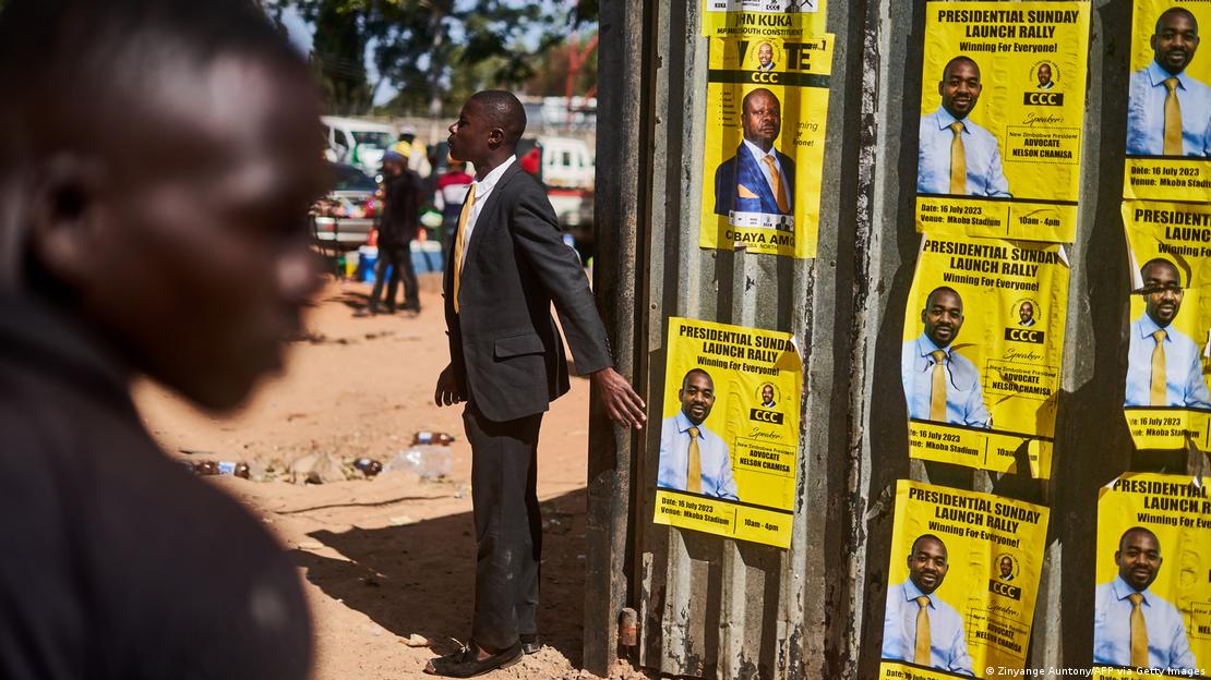 Opposition CCC's campaign posters outside a party rally in Gweru 