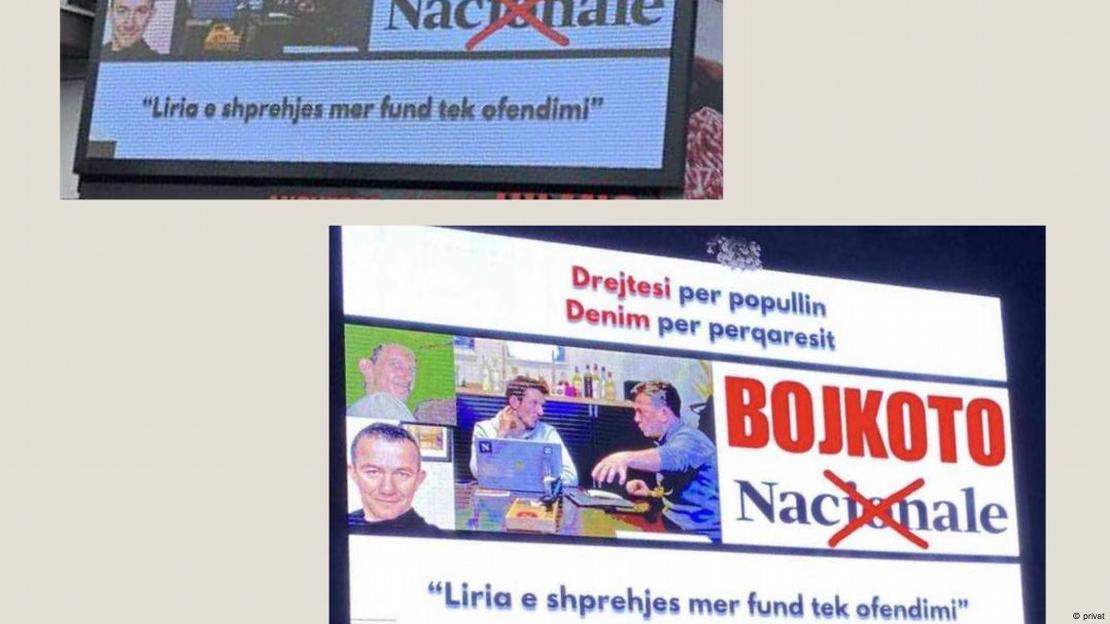 Large LED screens call for a boycott of the news portal Nacionale with images of journalist Vullnet Krasniqi and the slogan 'Press freedom ends with offense.' Prizren, Kosovo, August 2023