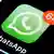 The WhatsApp symbol on a smartphone app showing 64 unread messages