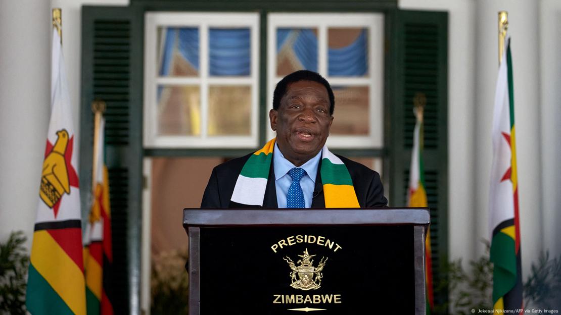 President of Zimbabwe Emmerson Mnangagwa addresses a press conference at State House in Harare.